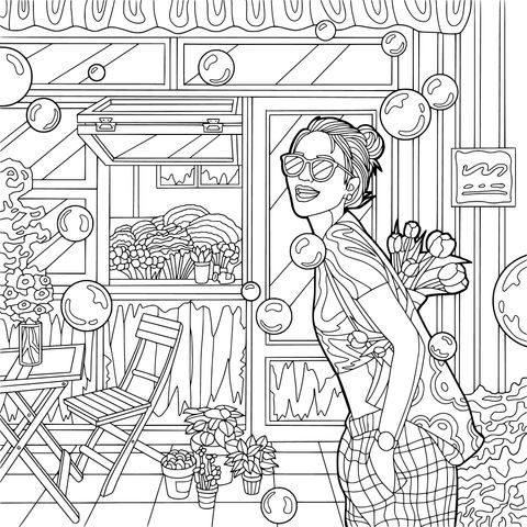 Coloring Page of a Girl Outside a Flower Shop