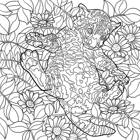 Adorable Baby Leopard and Flower Coloring Page