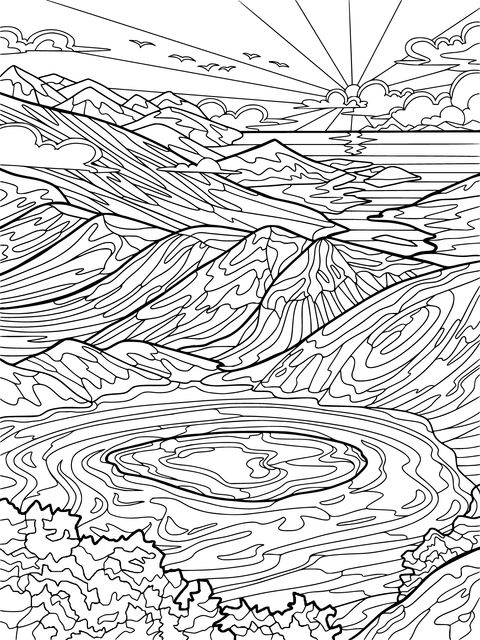 風景の塗り絵ページ：壮大な山と湖と日の出の景色