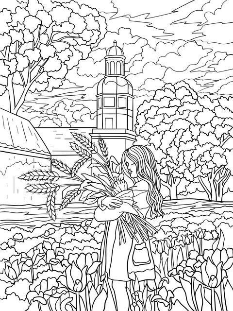 Autumn Scenery and Girl Coloring Page