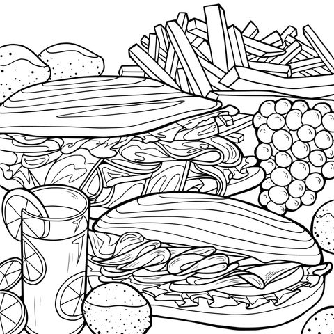 Delicious Sandwich and Fruit Beverage Coloring Page