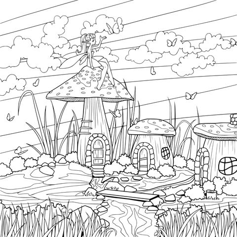 Coloring Page of Fairy - Tale Mushroom Houses and a Sprite