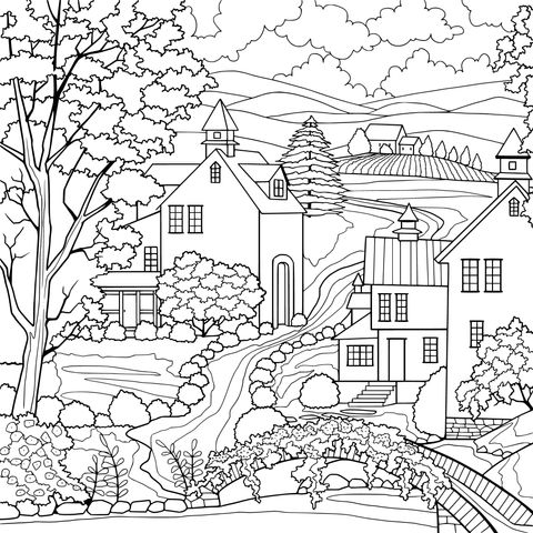 Rural Village Landscape Coloring Page