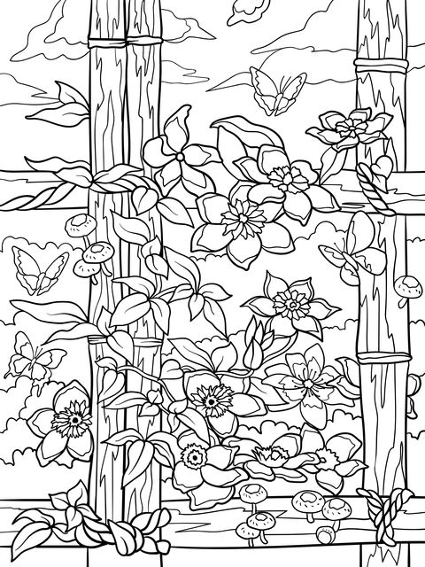 Bamboo - Fence Floral Coloring Page