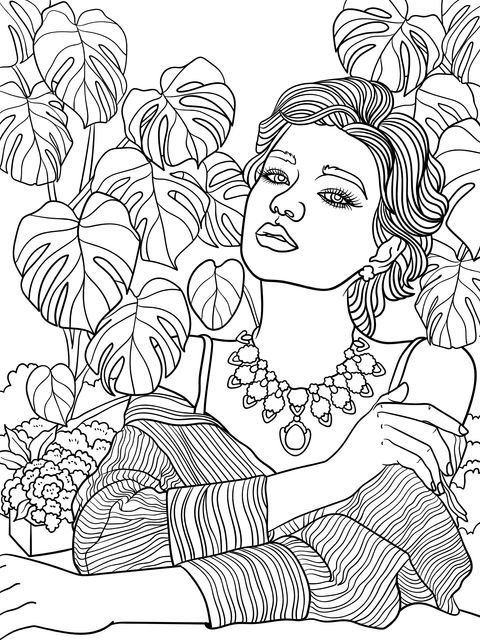 Fashionable Lady and Green Plants Coloring Page