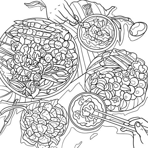 Colorful Food Coloring Page: Various Delicacies Await Your Coloring