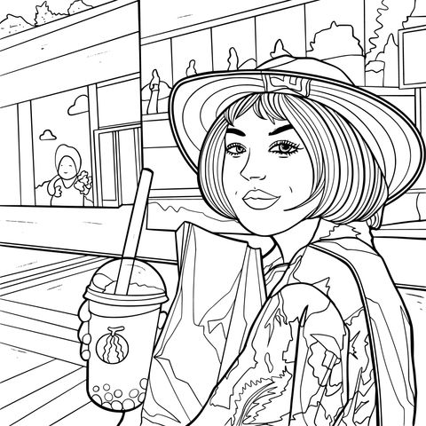 Coloring Page of a Stylish Woman Shopping with Bubble Tea