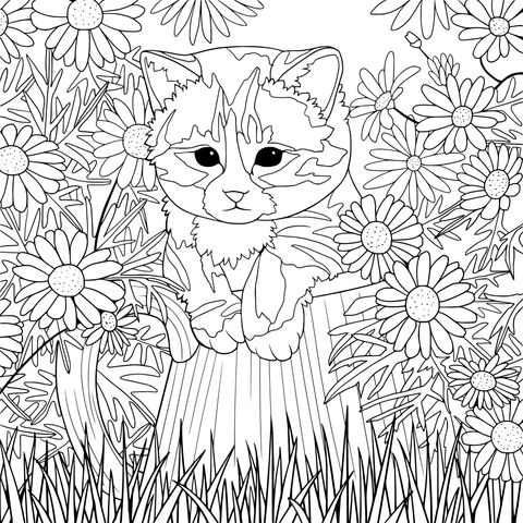 Página para colorir de um gato em um toco de árvore rodeado por flores