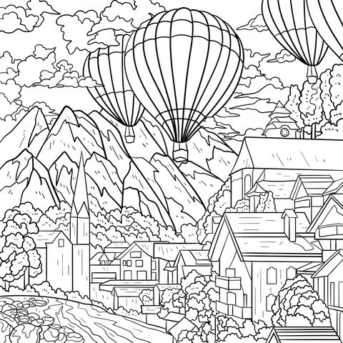 Página de Colorear con Globo Aerostático y Paisaje de Pueblo