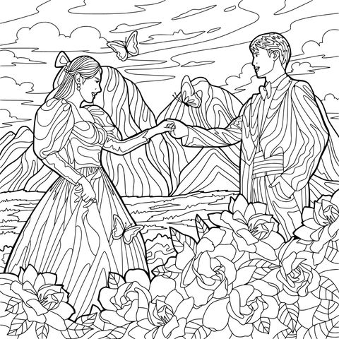 Romantic Encounter Coloring Page: Man and Woman with Butterflies in the Garden