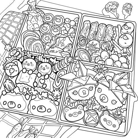 Página para colorir com tema de bentos de desenhos animados adoráveis