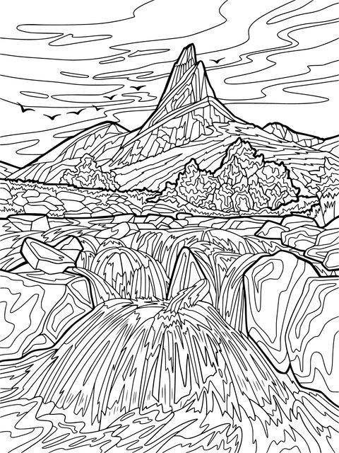 Beautiful Mountain - Water Landscape Coloring Page