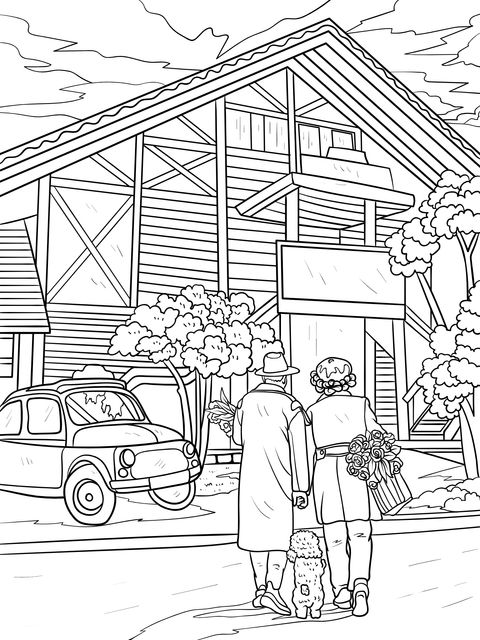 Coloring Page: A Stroll in Front of a Romantic Cottage