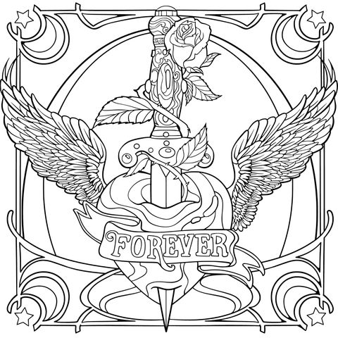 Coloring Page of a Heart with Wings and a Sword