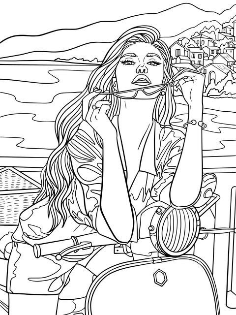 Fashionable Woman on a Pink Scooter Coloring Page