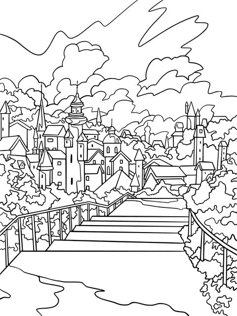 Fairytale Town Landscape Coloring Page