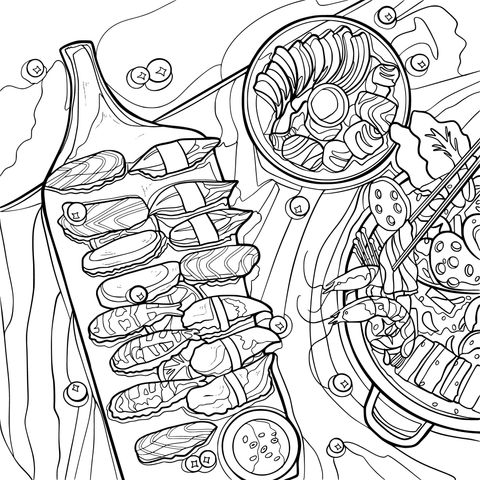 Japanese Cuisine Coloring Page: Sushi and Hot Pot Illustration