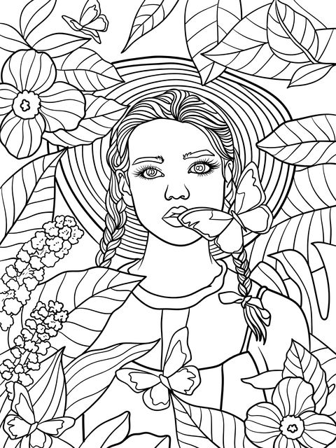 Girl and Nature - Themed Coloring Page