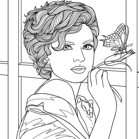 Coloring Page of a Woman Holding a Flower and a Butterfly