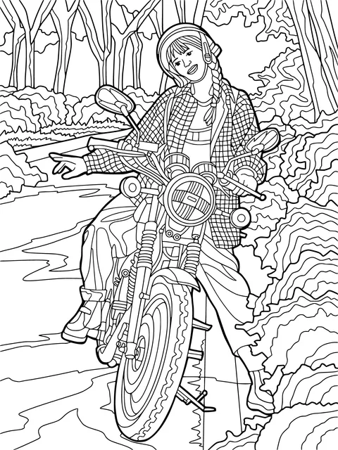 Woman riding a motorcycle in the forest