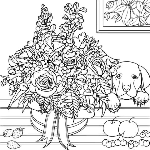 Página de Colorear de un Adorable Perrito y Flores Coloridas