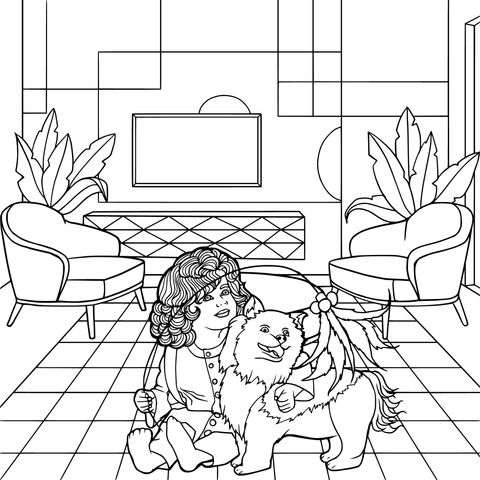 Coloring Page of a Girl and a Dog in a Cozy Indoor Scene