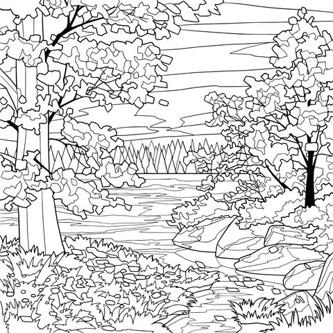 Autumn Lakeside Scenery Coloring Page