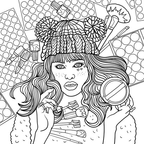 Makeup - themed Coloring Page: Stylish Girl and Abundant Beauty Tools