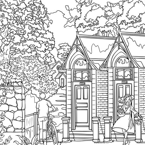 Village Cottage Scene Coloring Page