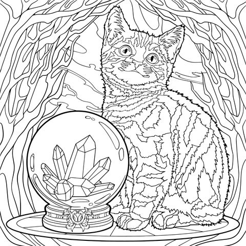 Página de colorear de gato fantástico y bola de cristal