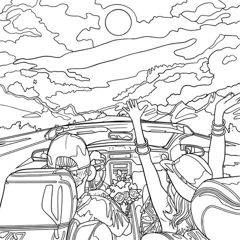 Coloring Page of Enjoying a Convertible Car Trip