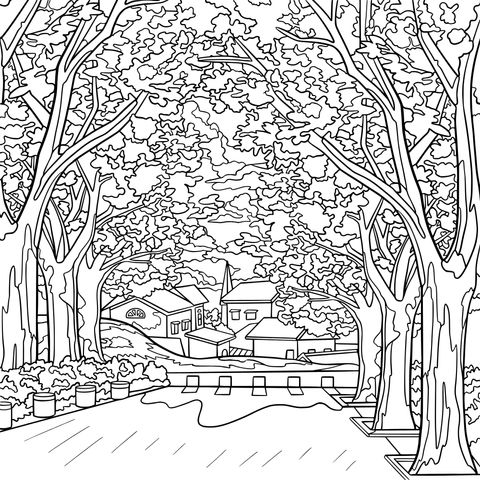 Forest Village Landscape Coloring Page