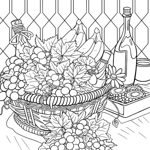 Coloring Page Illustration of a Fruit Basket and Bottles