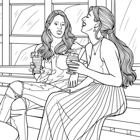 Coloring Page Illustration of Two Women Chatting