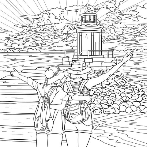 Coloring Page of Girls Traveling Together by the Seaside Lighthouse