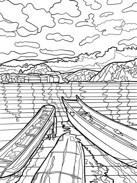 Coloring Page of Canoes by the Serene Lake