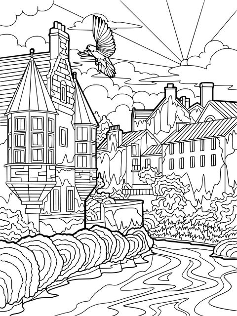 Dreamy Town Landscape Coloring Page