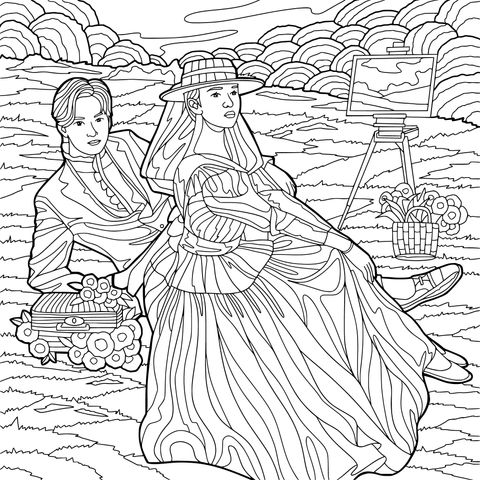 Vintage - style Couples' Picnic Coloring Page