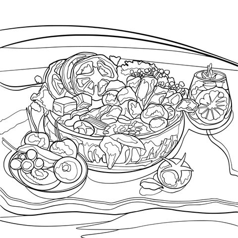 塗り絵ページ：カラフルな果物、野菜、肉の盛り合わせ