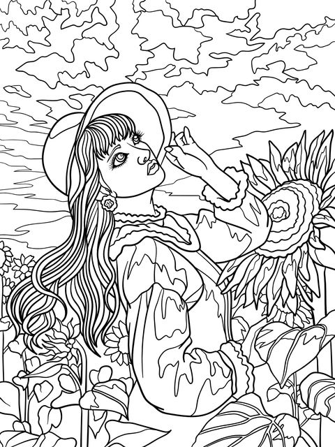 Página de Colorear de una Chica en un Campo de Girasoles