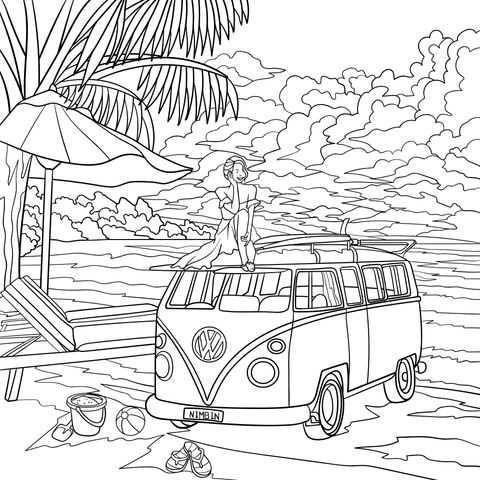 Vintage Van and Girl on the Beach