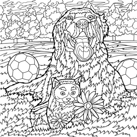 Happy Coloring Page of a Cat, a Dog and Footballs