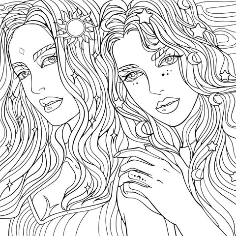 Sun - Moon Themed Coloring Page of Two Girls