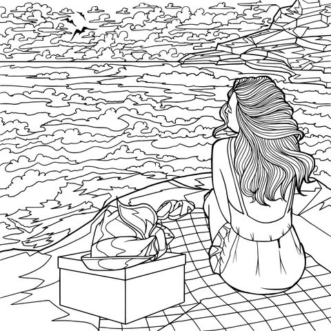 Seaside Scenery Coloring Page: Girl and Seascape