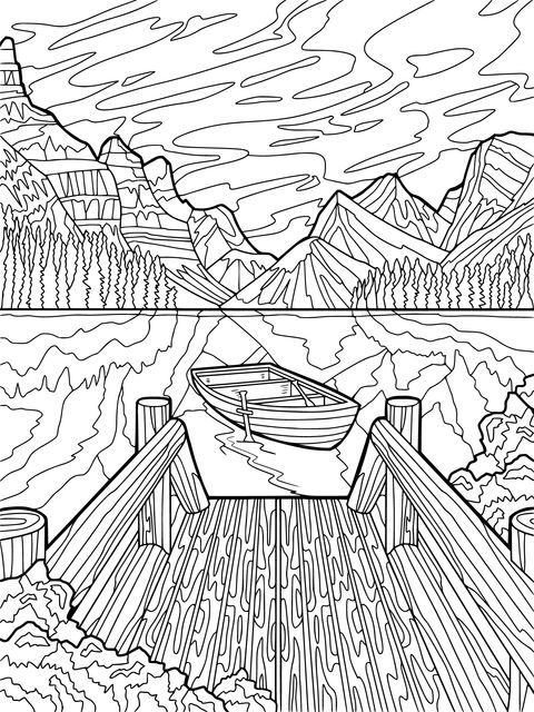 Peaceful Lake Scene with Canoe Coloring Page