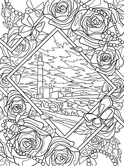 Página de colorear de paisaje de faro rodeado de rosas