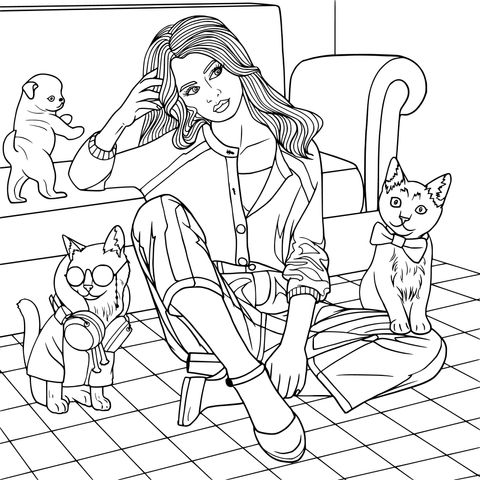 Coloring Page of a Girl and Adorable Pets