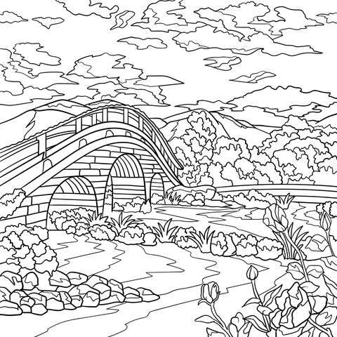 Beautiful Bridge Landscape Coloring Page