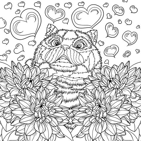 Cute Cat with Flowers and Hearts Coloring Page