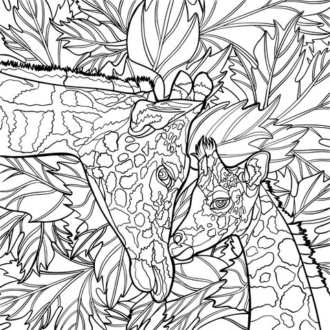 Coloring Page of Affectionate Giraffe Mother and Calf among Green Leaves